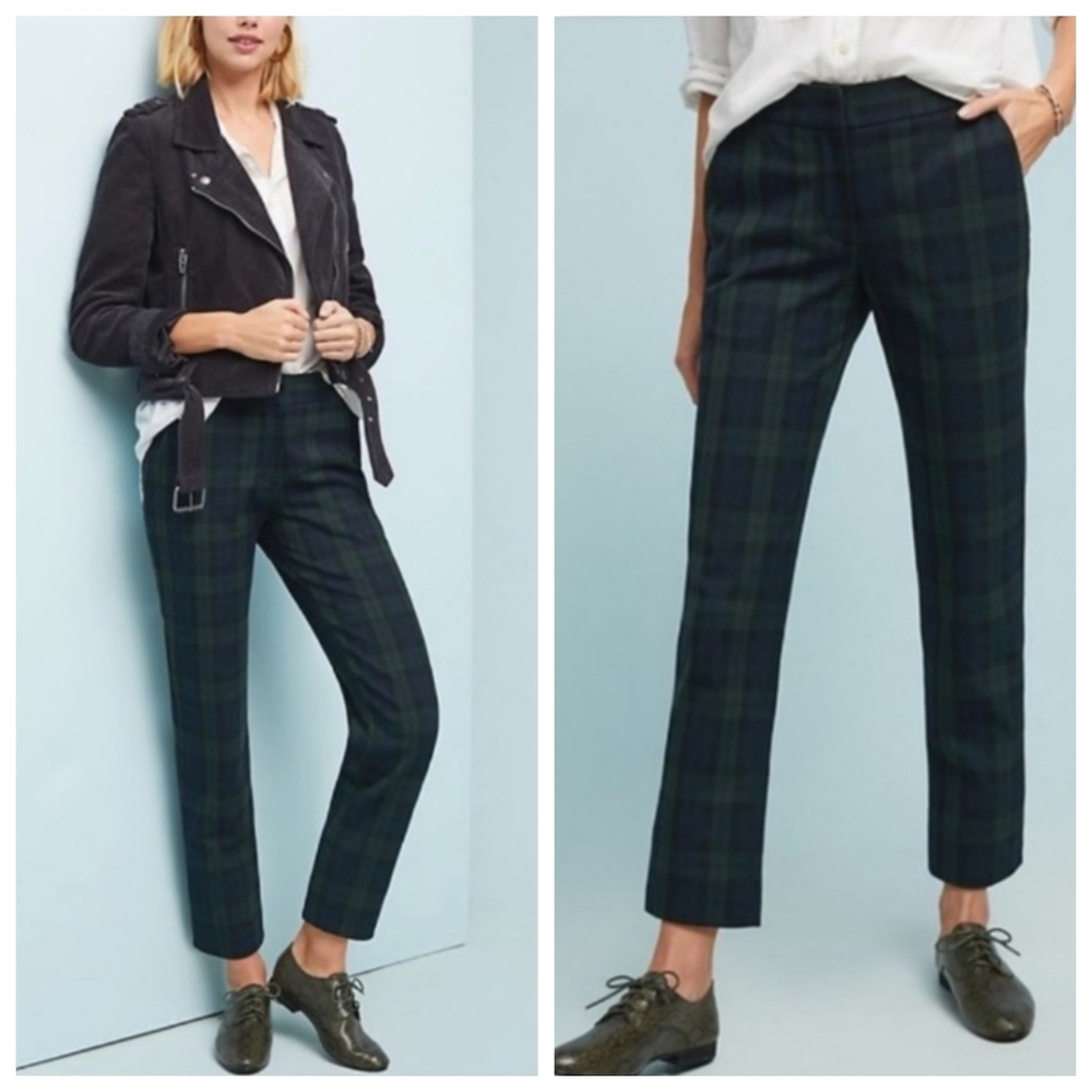 Anthropologie Green and Navy Plaid Tailored Trousers